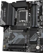 Gigabyte gaming motherboard with LGA CPU socket, multiple RAM slots, PCIe expansion slot, and large heatsinks labeled 'Gaming' and 'Gigabyte'