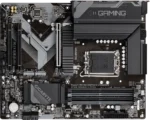 Gigabyte gaming motherboard with LGA 1700 socket, large heat sinks, four DIMM slots, PCIe slots, and multiple connectors visible