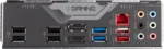 Rear gaming PC I/O panel with multiple USB ports, HDMI and DisplayPort video outputs, Ethernet jack, and color-coded audio jacks (pink/m green/blue).