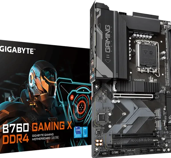 Gigabyte B760 Gaming X DDR4 motherboard next to its box box art featuring a futuristic helmeted figure.