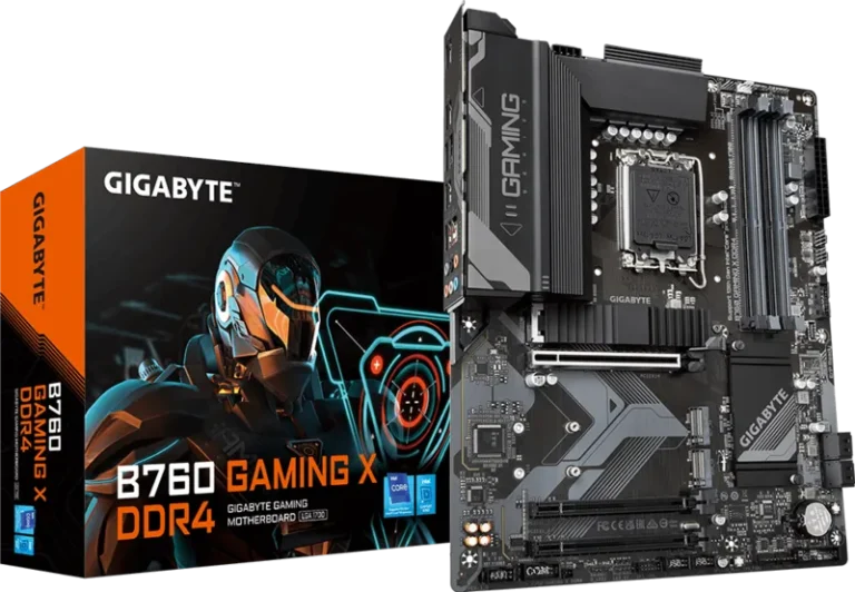 Gigabyte B760 Gaming X DDR4 motherboard next to its box box art featuring a futuristic helmeted figure.