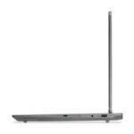 Side profile of a gray laptop with the display raised upright, viewed from the left side.
