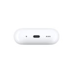Bottom view of a white wireless earbud charging case with a central USB-C port. | Ahoundjuè Technologies Bottom view of a white wireless earbud charging case with a central USB-C port.