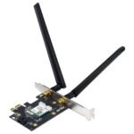 Wireless PCIe network adapter card with two external antennas mounted to a metal bracket.