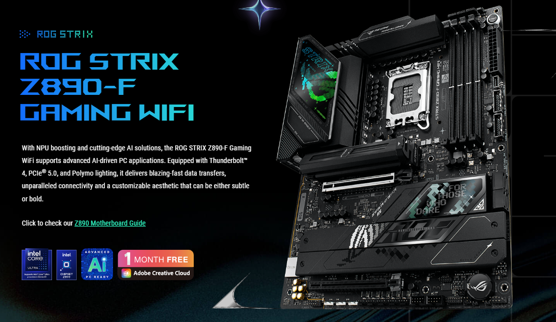 Promotional image of ROG STRIX Z890-F Gaming WiFi motherboard with bold blue text on the left and the angled motherboard on the right.