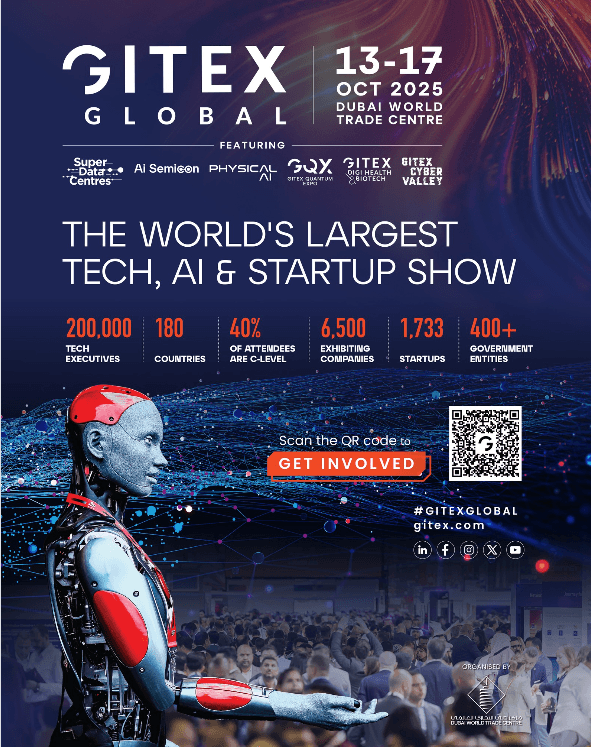 GITEX Global poster advertising 13–17 Oct 2025 at Dubai World Trade Centre, featuring a red-and-blue humanoid robot and a busy crowd on a dark blue background