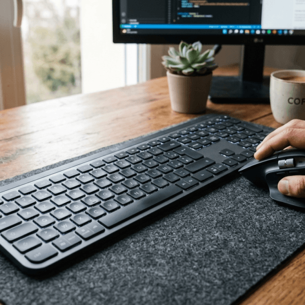 Hand resting on a wireless mouse beside a keyboard on a wooden desk, with a monitor, a small succulent, and a COFFEE mug nearby.