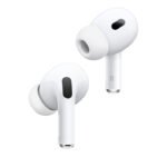 Pair of white wireless earbuds (AirPods) angled for listening, with silicone ear tips and stems | Ahoundjuè Technologies Pair of white wireless earbuds (AirPods) angled for listening, with silicone ear tips and stems