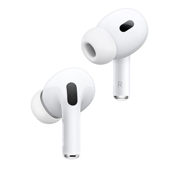 Pair of white wireless earbuds (AirPods) angled for listening, with silicone ear tips and stems