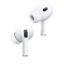 Pair of white wireless earbuds (AirPods) angled for listening, with silicone ear tips and stems