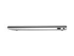 Slim silver laptop seen from the side with USB port and power jack on the right edge.