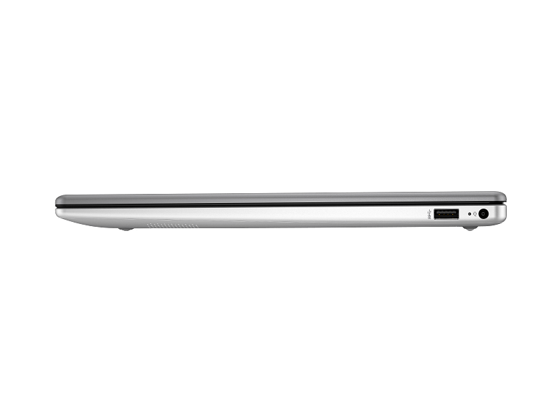 Slim silver laptop seen from the side with USB port and power jack on the right edge.