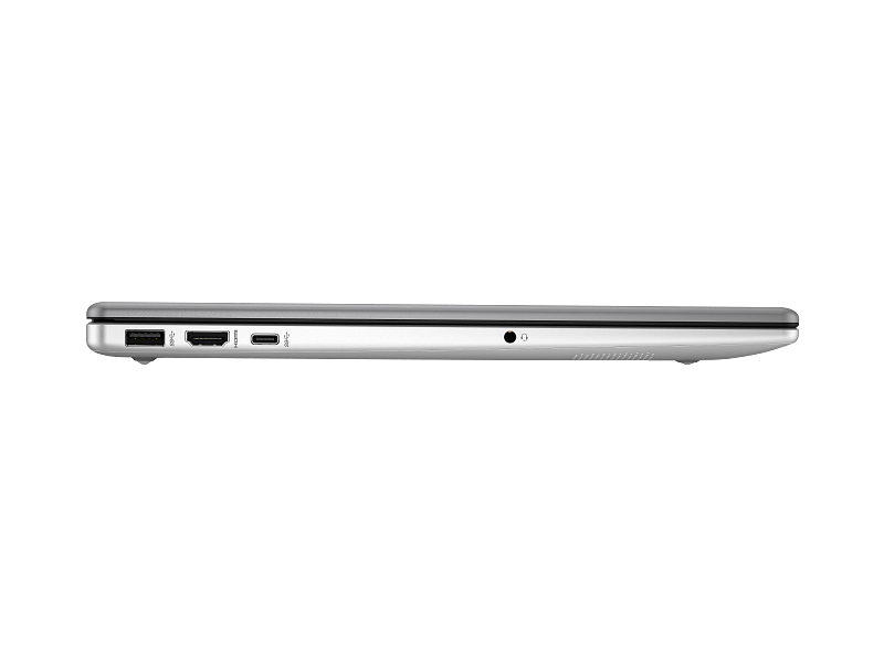 Side view of a closed silver laptop showing USB, HDMI, USB-C, and audio jack ports on the left edge