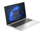 Silver HP laptop opened at a short-angled view, Windows 11 desktop on screen