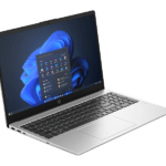 Silver HP laptop opened at a short-angled view, Windows 11 desktop on screen