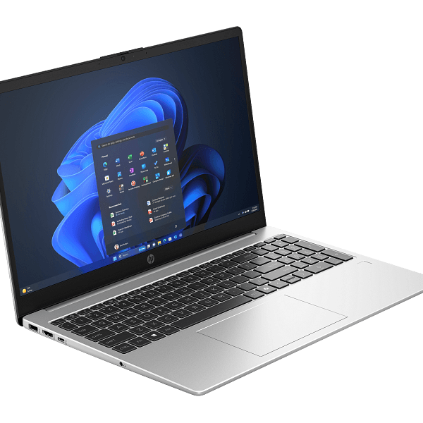 Silver HP laptop opened at a short-angled view, Windows 11 desktop on screen