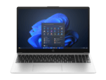 HP laptop open and powered on, displaying Windows 11 desktop with Start menu on screen