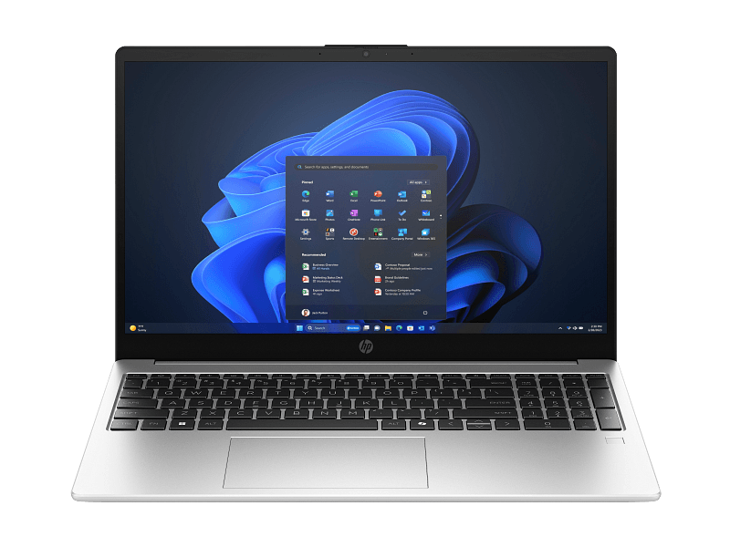 HP laptop open and powered on, displaying Windows 11 desktop with Start menu on screen