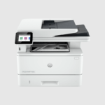 HP LaserJet Pro MFP 4100dw printer with scanner lid open and touchscreen control panel on the left side
