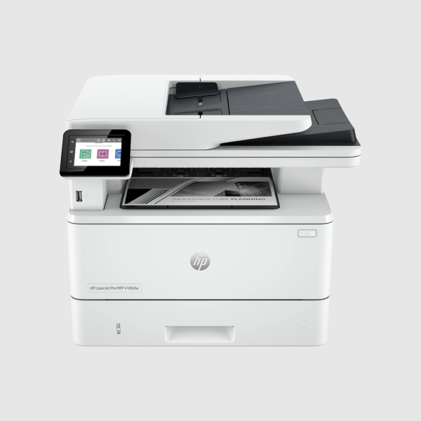 HP LaserJet Pro MFP 4100dw printer with scanner lid open and touchscreen control panel on the left side