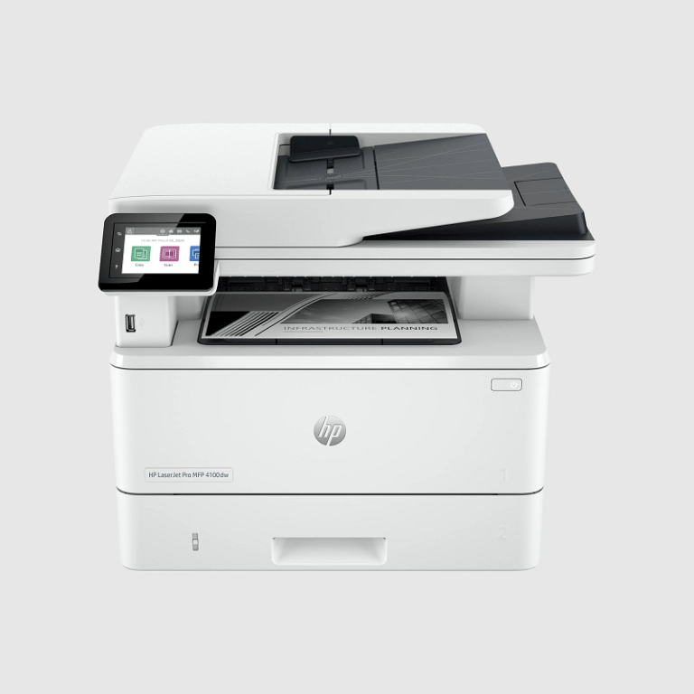 HP LaserJet Pro MFP 4100dw printer with scanner lid open and touchscreen control panel on the left side