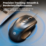 HP gaming mouse on a blue circular pad with white text: 'Precision Tracking | Smooth & Borderless Performance' and feature line about an ultra-stable optical engine with zero lag.