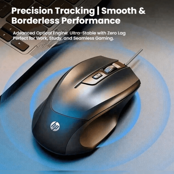 HP gaming mouse on a blue circular pad with white text: 'Precision Tracking | Smooth & Borderless Performance' and feature line about an ultra-stable optical engine with zero lag.
