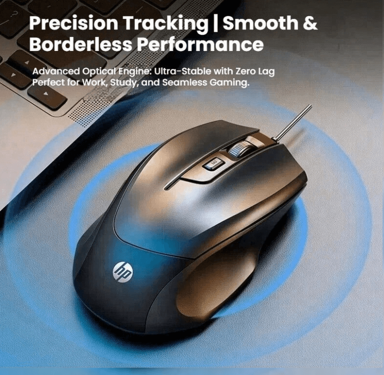 HP gaming mouse on a blue circular pad with white text: 'Precision Tracking | Smooth & Borderless Performance' and feature line about an ultra-stable optical engine with zero lag.