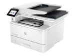White HP LaserJet Pro multifunction printer with touchscreen control on the left and the scanner lid open, emitting a printed page below the output tray on a light background.