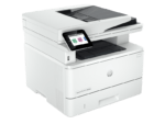 White HP LaserJet Pro MFP printer with a tilting color touchscreen and document feeder open for scanning/printing.