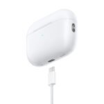 White wireless earbud charging case with a green status LED, connected to a white braided USB-C charging cable. | Ahoundjuè Technologies White wireless earbud charging case with a green status LED, connected to a white braided USB-C charging cable.