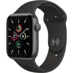 Smartwatch with black sport band, display showing colorful activity rings and time.