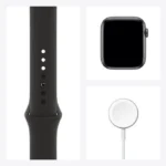 Collage of Apple Watch accessories: black silicone band, square watch face, and circular magnetic charger.