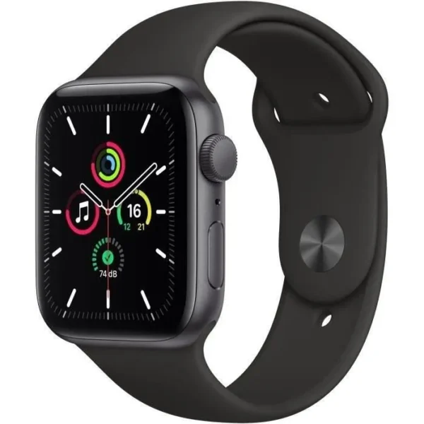 Smartwatch with black sport band, display showing colorful activity rings and time.