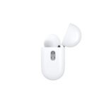 White wireless earbud with its open charging case, showing one earbud inside and the lid lifted to the side. | Ahoundjuè Technologies White wireless earbud with its open charging case, showing one earbud inside and the lid lifted to the side.