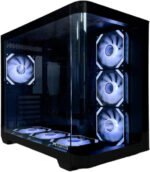 Black mid-tower PC case with a transparent side panel and three blue LED front fans, internal components faintly visible