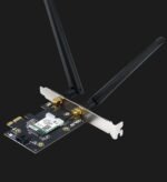 PCIe wireless network adapter card with two external antennas attached to a metal bracket and edge connector visible on a dark background.