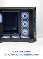Open computer case interior showing blue-lit case fans and a labeled M-ATX/ATX motherboard tray for compatibility. A side panel reveals the front; overall design is gaming-focused.