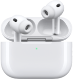 White true wireless earbuds resting in an open charging case with a small green LED indicator visible on the case lid area. | Ahoundjuè Technologies White true wireless earbuds resting in an open charging case with a small green LED indicator visible on the case lid area.