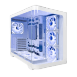 White mid-tower computer case with a transparent side panel and blue LED-lit cooling fans showing the internal components