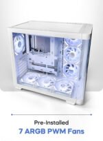 White computer case with a transparent side panel showing seven blue-lit ARGB PWM fans inside