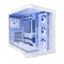 White mid-tower computer case with a transparent side panel and blue LED-lit cooling fans showing the internal components