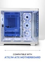 Interior of a white PC case showing blue motherboard tray labeled M-ATX/ATX and multiple cooling fans, highlighting motherboard compatibility.