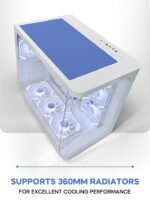 White PC case with a blue top panel and transparent side panels, showing multiple interior cooling fans. Highlights 360mm radiator support.