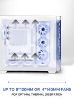 Diagram of a white PC case showing blue cooling fans and airflow arrows, advertising support for up to 9×120mm or 4×140mm fans for optimal thermal dissipation.