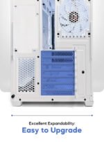 White PC tower with blue drive bays and a large rear cooling fan; caption reads 'Excellent Expandability: Easy to Upgrade'.