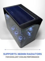 Black PC case with a transparent side panel and blue-lit fans, emphasizing support for a 360mm radiator for cooling performance.