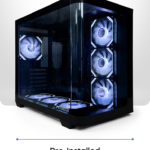 Glass-sided PC case with seven blue ARGB PWM fans visible inside, pre-installed for cooling.”](https://dummy)