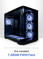 Glass-sided PC case with seven blue ARGB PWM fans visible inside, pre-installed for cooling.”](https://dummy)