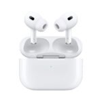 Pair of white wireless earbuds in an open charging case, with a green status LED on the case surface. | Ahoundjuè Technologies Pair of white wireless earbuds in an open charging case, with a green status LED on the case surface.